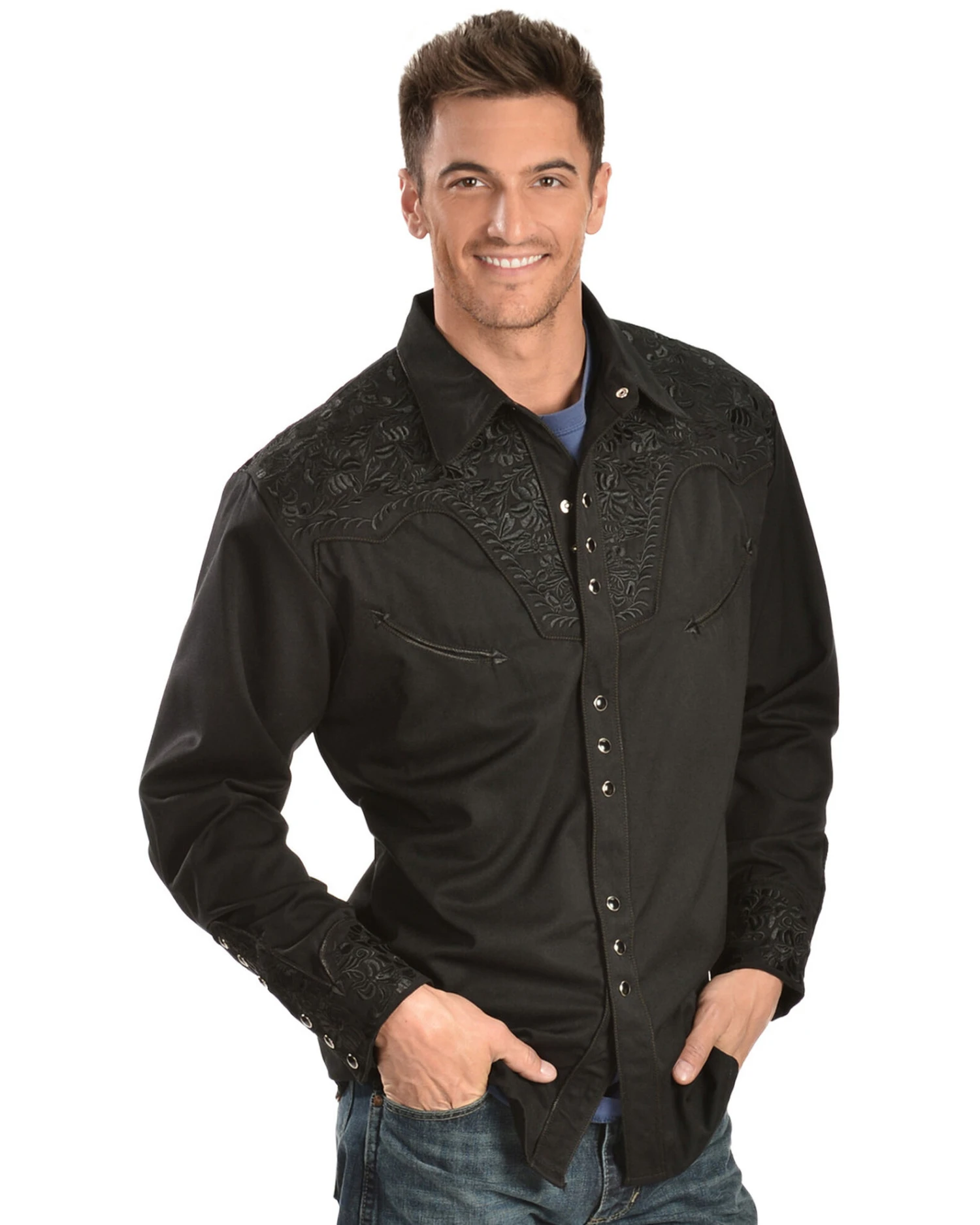 Scully Men's Black Floral Embroidered Retro Long Sleeve Western Shirt 5 Scully Men's Black Floral Embroidered Retro Long Sleeve Western Shirt - Image 3
