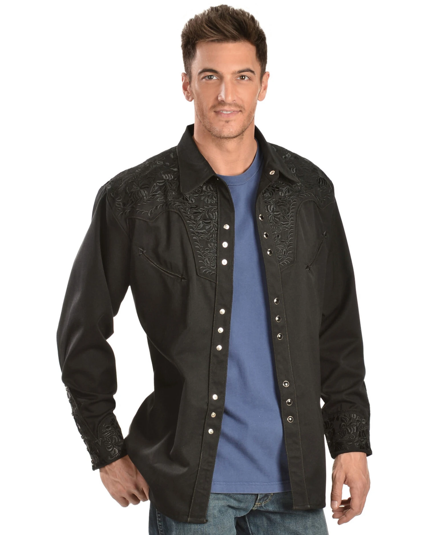 Scully Men's Black Floral Embroidered Retro Long Sleeve Western Shirt 4 Scully Men's Black Floral Embroidered Retro Long Sleeve Western Shirt - Image 2