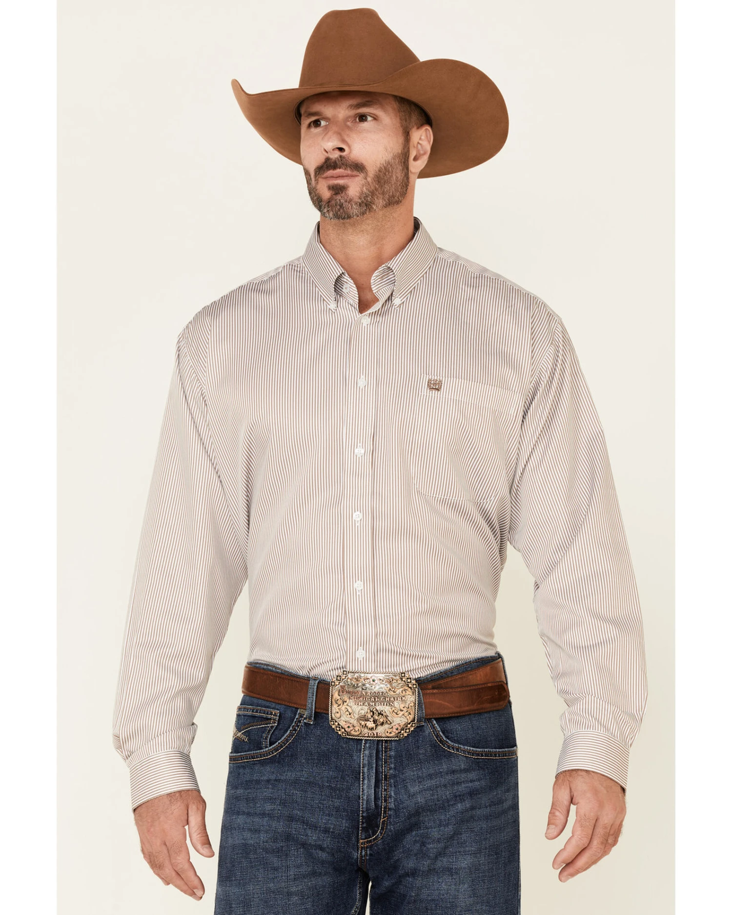 Cinch Men's Beige Tencel Stripe Long Sleeve Button-Down Western Shirt 4 Cinch Men's Beige Tencel Stripe Long Sleeve Button-Down Western Shirt - Image 2