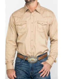 Wrangler Retro Men's Tan Solid Long Sleeve Western Shirt -Cheap Cowboy Form Store 2000292973 280 P5