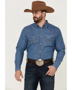 Blue Ranchwear Men's Long Sleeve Pearl Snap Heavy Western Denim Shirt -Cheap Cowboy Form Store 2000359400 450 P2