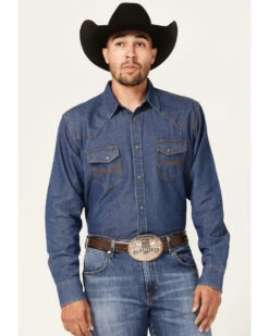 Blue Ranchwear Men's Medium Wash Long Sleeve Snap Western Denim Shirt -Cheap Cowboy Form Store 2000364891 420 P1