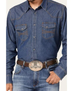 Blue Ranchwear Men's Medium Wash Long Sleeve Snap Western Denim Shirt -Cheap Cowboy Form Store 2000364891 420 P3