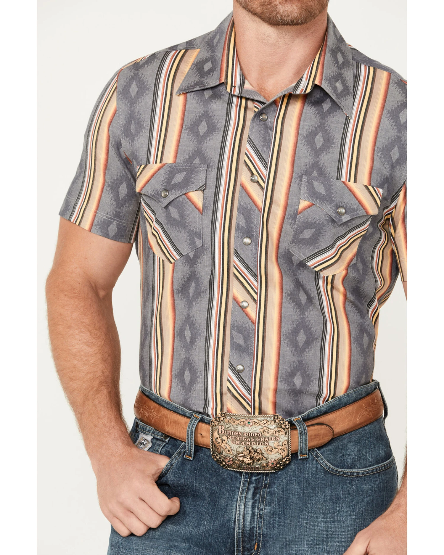 Rock & Roll Denim Men's Serape Striped Print Short Sleeve Stretch Pearl Snap Western Shirt 6 Rock & Roll Denim Men's Serape Striped Print Short Sleeve Stretch Pearl Snap Western Shirt - Image 4